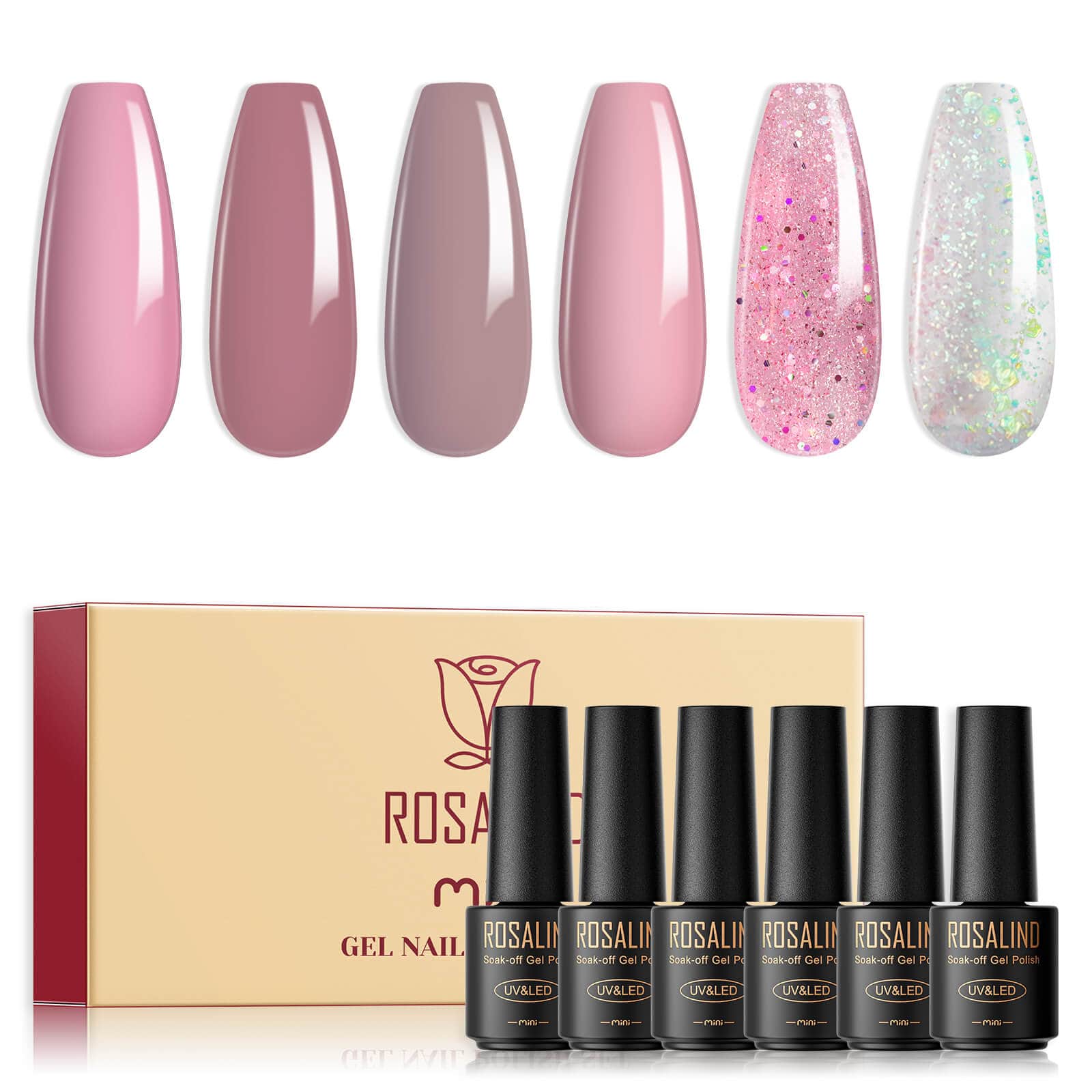 ROSALIND 6 Pieces Gel Nail Polishes Set Bright Color Soak Off Semi Permanent Nail Polish Gel.