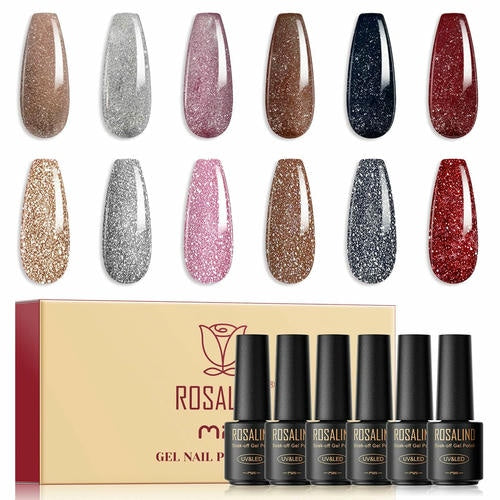 ROSALIND 6 Piece Gel Nail Polishes Reflective Glitter Gel Color Soak Off UV Gel Nail Polish Semi Permanent Nail Polish For Manicure