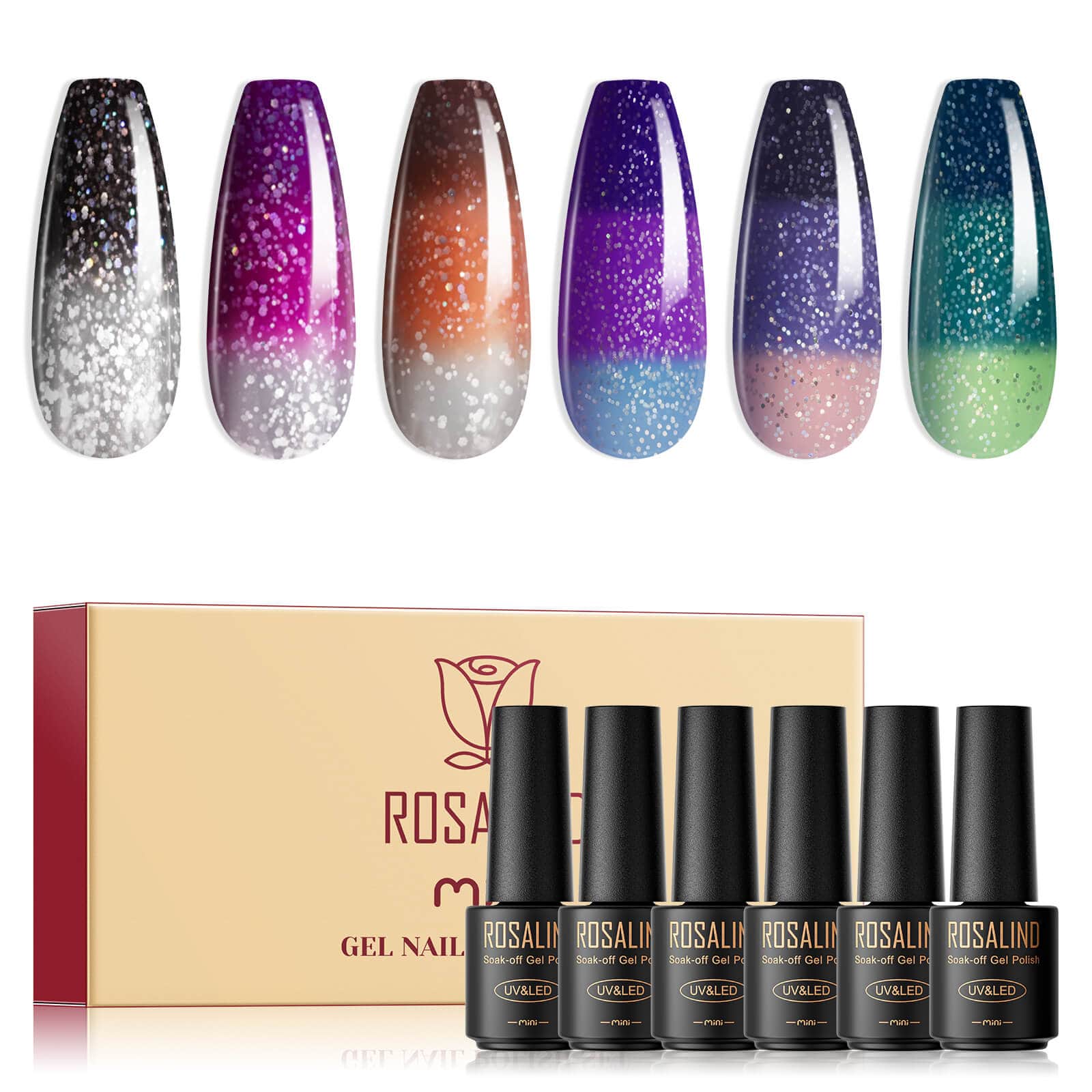 ROSALIND 6PCS Gel Nail Polish Set Soak Off Pure Color Temperature Changing Series Nail Gel Bright For Nail Art Design LED/UV Lamp