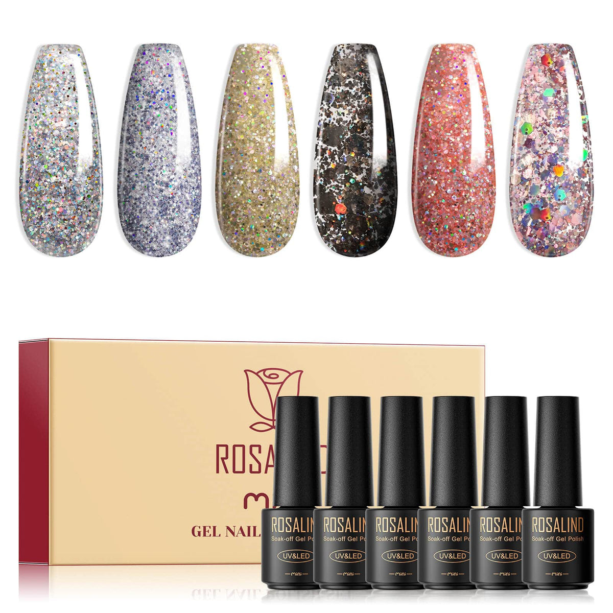 ROSALIND 6pcs Gel Nail Polish Set Semi Permanent Gel Nail Polishes. Bright Color Soak Off UV Gel Nail Art.