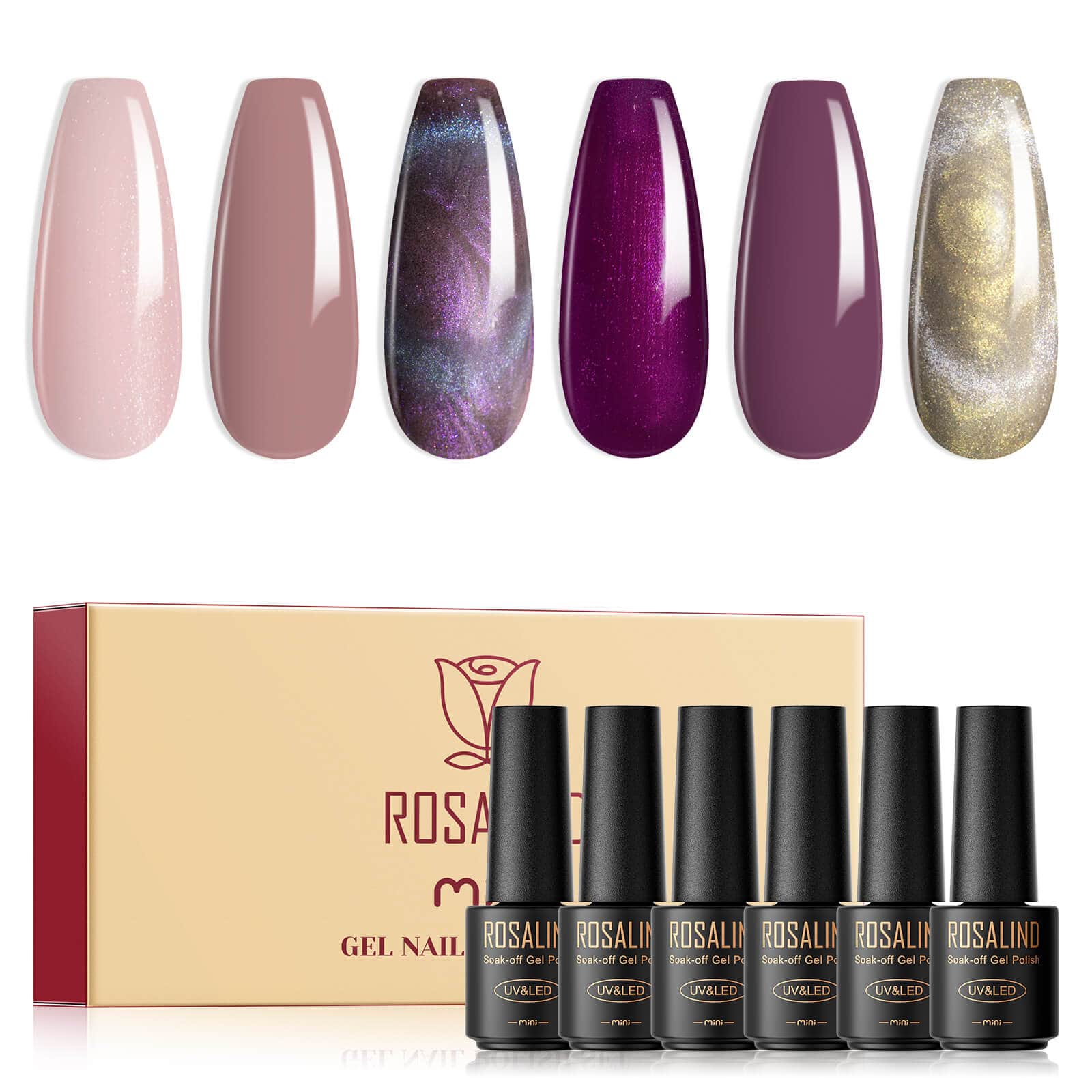 ROSALIND Set of 6 Nail Polishes Shiny Bright Colors Set 7ml Soakoff UV Gel Nail Art Paints Set.