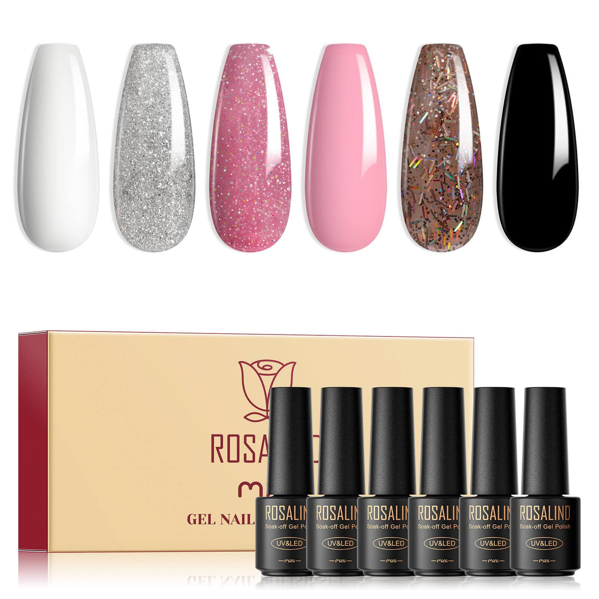 ROSALIND 6PCS Nail Polish Set Shiny Glittery Colors Soakoff Gel Polishes.