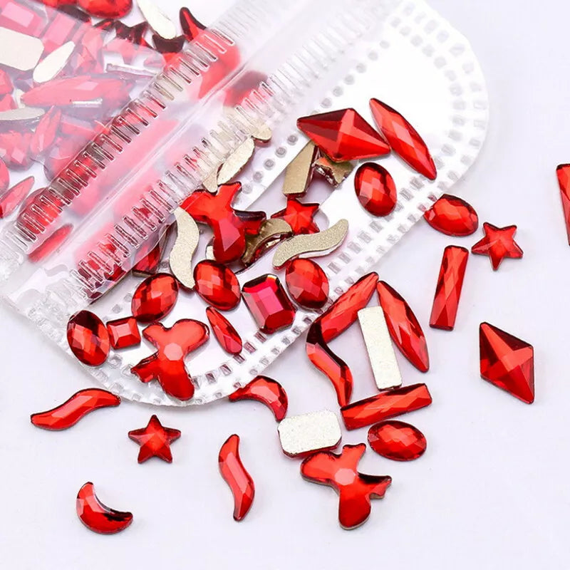 100pcs RED Crystal Rhinestones, Nail Art Set Nail Gems Iridescent Clear Class Multi-Shape Flat Back Shiny Nail Jewels for Nail Art DIY Crafts