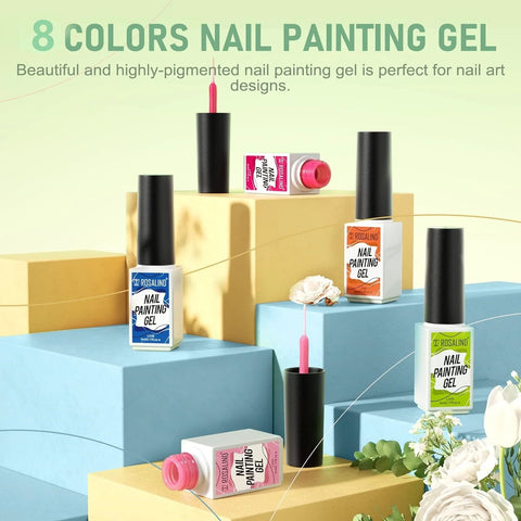 ROSALIND Nail Art Gel Liner Set, Gel Paint Gel Nail Art Liner Brush Soak Off Painting Drawing Gel Liner Pens for Home Salon DIY Manicure Nail Design UV LED Required