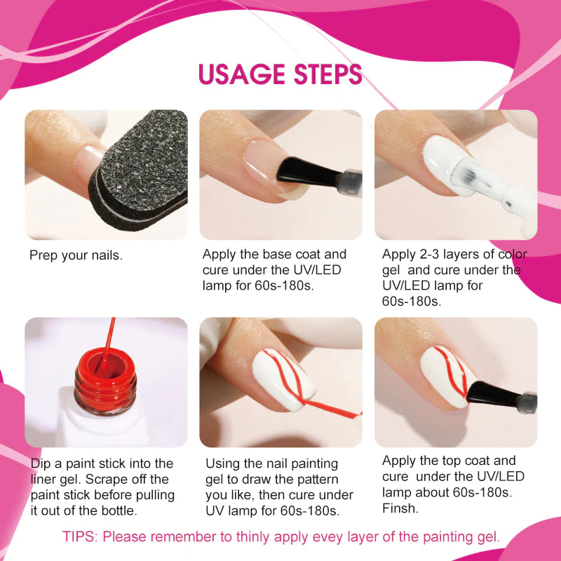 ROSALIND Nail Art Gel Liner Set, Gel Paint Gel Nail Art Liner Brush Soak Off Painting Drawing Gel Liner Pens for Home Salon DIY Manicure Nail Design UV LED Required