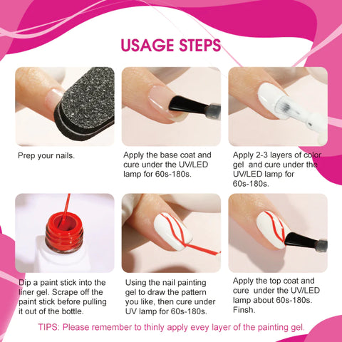 ROSALIND Nail Art Gel Liner Set, Gel Paint Gel Nail Art Liner Brush Soak Off Painting Drawing Gel Liner Pens for Home Salon DIY Manicure Nail Design UV LED Required
