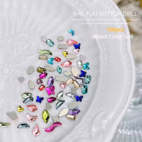 100pcs Mini Shaped Crystal Diamond Nail Decorations Flat Bottom Rhinestone Mixed Color Glass Gem DIY Manicure Accessory