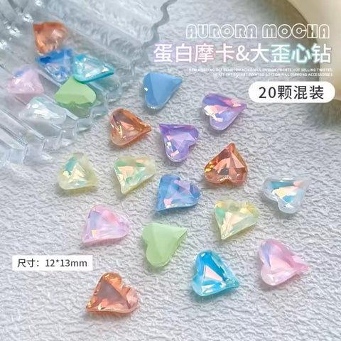 20 PCS Mocha Diamond Nail Charms Heart Shape Rainbow Color Crystal Sparkle Nail Art Rhinestone Jewelry 3D Manicure Decor