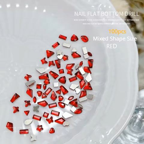 100pcs Mini Shaped Crystal Diamond Nail Decorations Flat Bottom Rhinestone Mixed Color Glass Gem DIY Manicure Accessory