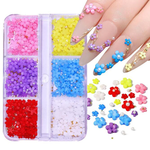 3D Flower Nail Art Charms Acrylic Resin Flowers Nail Design Flowers Nail Rhinestones Kit with Silver Gold Nail Ball Beads for DIY Decoration Nail Craft Accessories