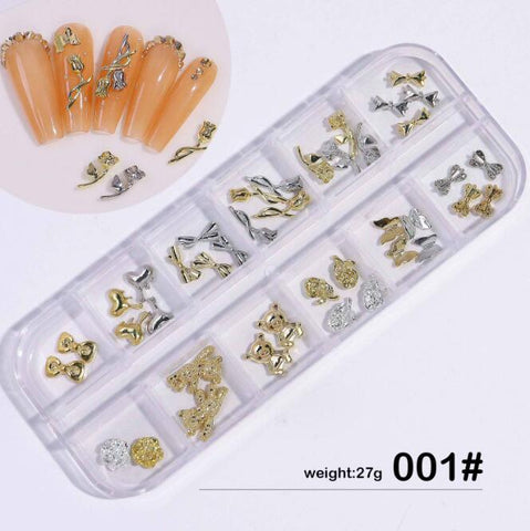 24pcs/box Alloy Zircon Butterfly Design Nail Decoration Rhinestone Flower Bow Bear Nail Tips Decorations Manicure Art Accessories