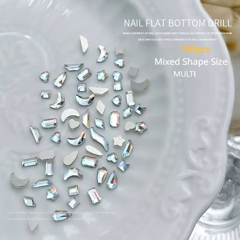 100pcs Mini Shaped Crystal Diamond Nail Decorations Flat Bottom Rhinestone Mixed Color Glass Gem DIY Manicure Accessory