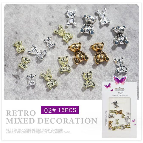 Shiny Alloy Bear Nail Art Decoration Gold Silver Bear Nail Rhinestones Diamond DIY Manicure Accessories for Home Nail Salon