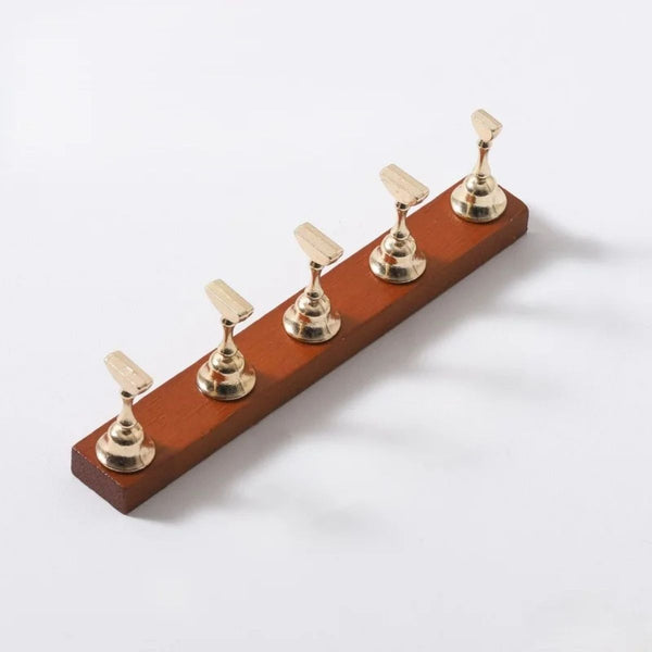 5-Piece Rectangular Nail Tip Display Stand – Magnetic Gold Holder with Wooden Base