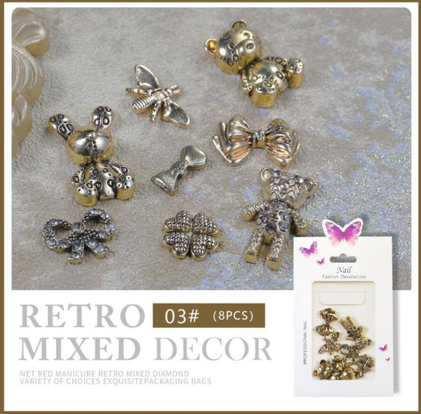Vintage alloy bear peach heart pentagram letter bow Nail Rhinestone Decoration ,sequins Nail supply ,Nail Art Decorations