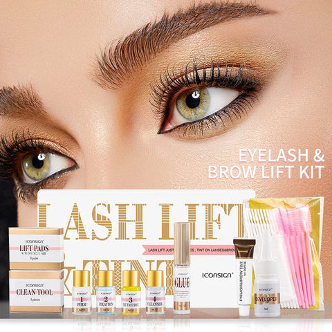 ICONSIGN Eye Lash & Brow Lift Kit Semi-Permanent Eyelash & Eyebrow 2-IN-1 Kit Long Lasting Suitable for Salon & Home Use.