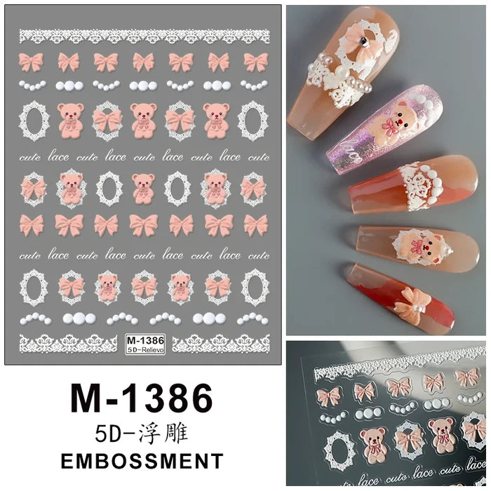 5D Embossed Cute Teady Bear Bow & Alphabets Nail Stickers, Pink Butterflies Nail Art Stickers For Creating Amazing Nail Designs At Home.