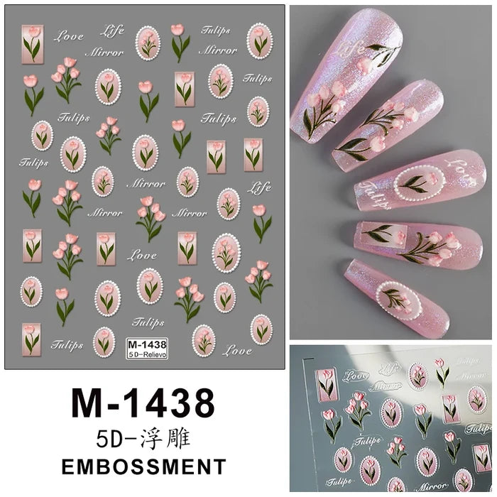 5D Embossed Tulip & Cherry Blossom Nail Art Stickers Premium Floral Nail Stickers For Nail Art Enthusiats.