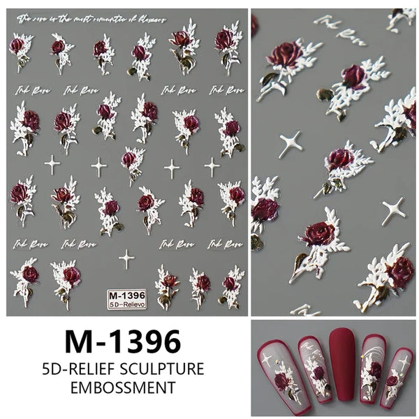 5D Embossed Red Roses & Flowers Nail Art Stickers For Creating Beautiful Floral Nails At Home.