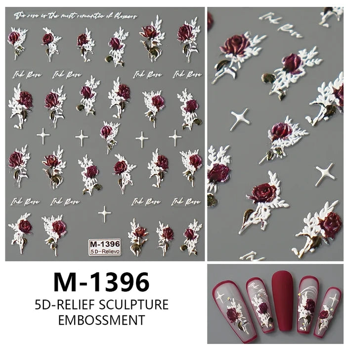 5D Embossed Red Roses & Flowers Nail Art Stickers For Creating Beautiful Floral Nails At Home.