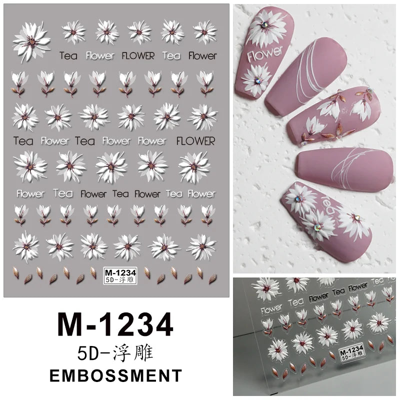 Floral Nail Art Stickers 5D Embossed Nail Decoration Stickers Create Premium Nails Best For Nail Enthusiats.