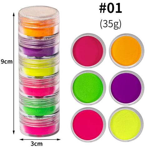 6 Colors Neon Powders For Creating Premium Nails Colorful Nail Pigment For Salon & Home Use.