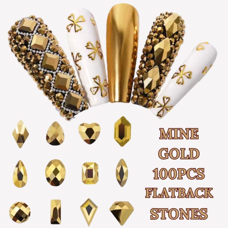 100Pcs Mine Gold Nail Rhinestones Metallic Golden Different Shapes Big Gems Flatback Rhinestones Diamonds Crystals For Manicure