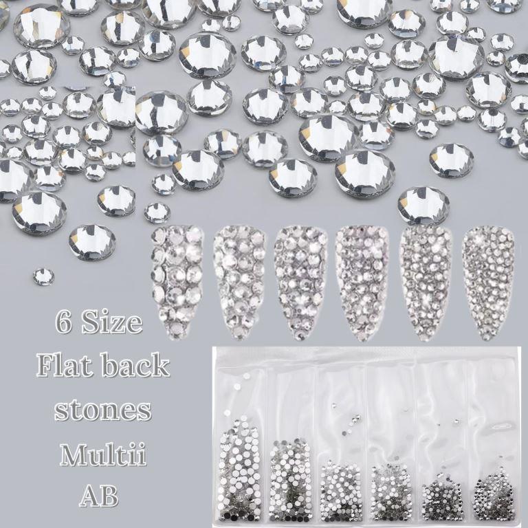 Nail Rhinestones for Nails Art Craft, Flat back Glass Crystals Silver Charms Round Nails Diamonds, 6 Sizes Jewels for Crafts Nail Decorations Shoes Bags (SILVER)