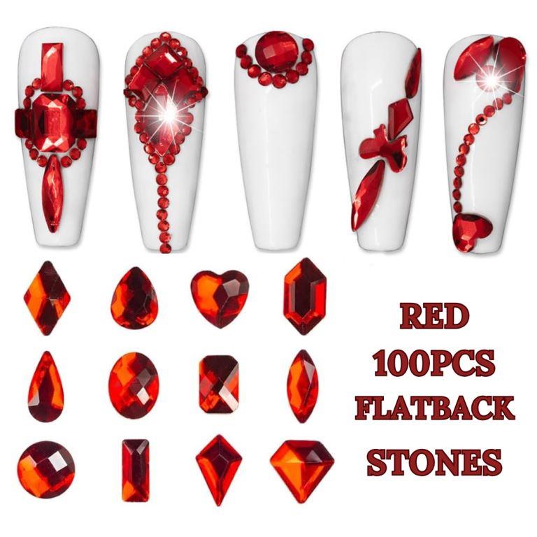 100pcs RED Crystal Rhinestones, Nail Art Set Nail Gems Iridescent Clear Class Multi-Shape Flat Back Shiny Nail Jewels for Nail Art DIY Crafts