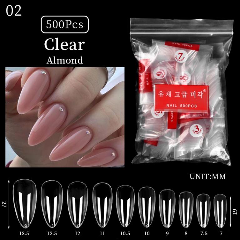 Almond Shaped Nails Full Cover False Nail Tips with Clear Plastic Pouch Nail Extensions (Clear)