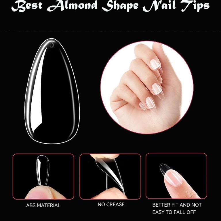 Almond Shaped Nails Full Cover False Nail Tips with Clear Plastic Pouch Nail Extensions (Clear)