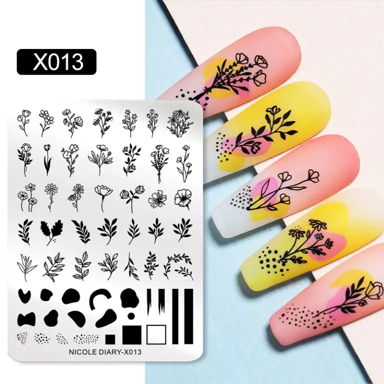 NICOLE DIARY Simple Flowers Nail Art Stamping Plate Geometry French Lines Templates Love Lace Stamp Nail Stencil Tool