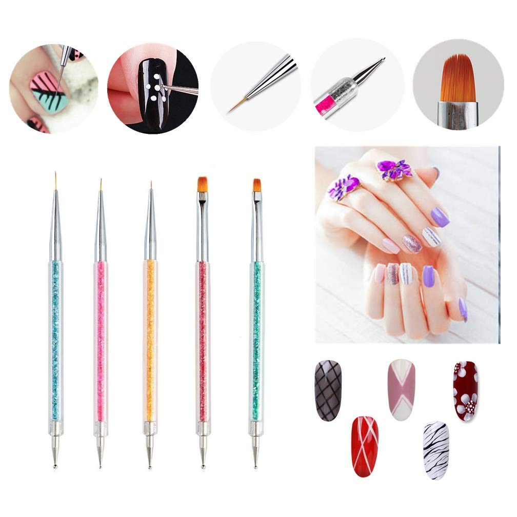 Nail Art Brushes, 5Pcs Double Ended Brush & Dotting Tool Kit, Including Nail Liner Brush and Nail Dotting Pens for Nail Art Nail Salon