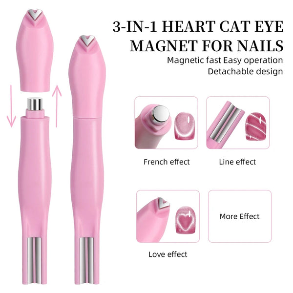 3-in-1 Heart-Shaped Nail Magnet Stick – Create Cat Eye Heart, Moon & Double Line Designs