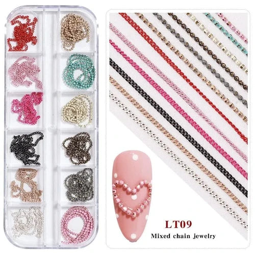 12 Grid Nail Art Chains For Nail Decoration Colorful Nail Chain Designs For Creating Beautiful Nails Best For Salon & Home Use.