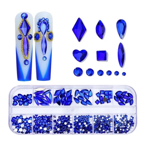 12 Grid Premium Blue Nail Rhinestones Nail Charms High Quality Nail Stones For Creating Flawless & Beautiful Nails.