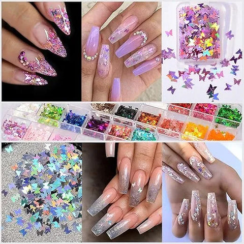 Butterfly Nail Sequins Glitter Nail Flakes Sparkly Nail Sequins Glitters Best for Salon Quality Nail Art Decoration at Home.