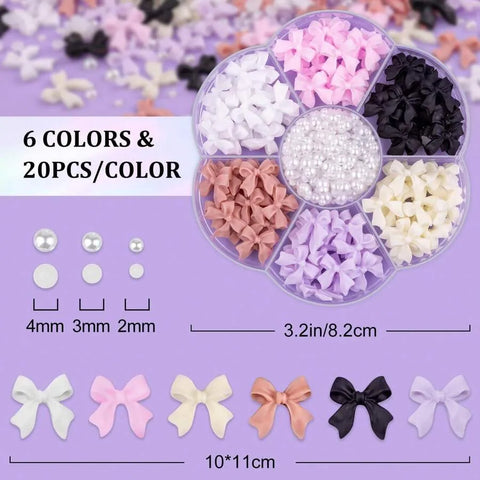 3D Nail Art Bow Charms Set With Pearl Rhinestones & Flower For Creating Eye Catching Nail Designs.