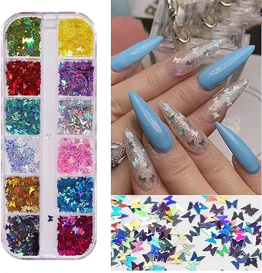 Butterfly Nail Sequins Glitter Nail Flakes Sparkly Nail Sequins Glitters Best for Salon Quality Nail Art Decoration at Home.