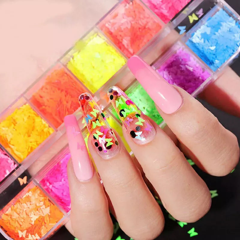 Butterfly Neon Nail Sequins Premium Nail Art Sequins Decoration For Glittery Neon Nail Art Decoration.