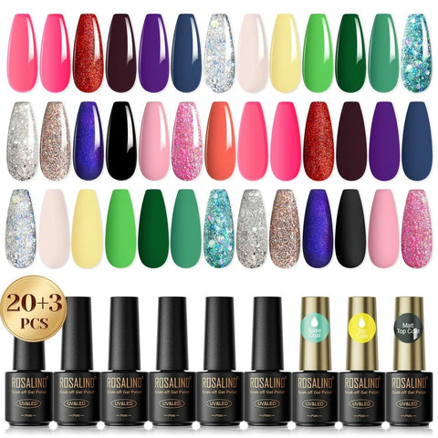 Rosalind 23pcs Professional Gel Nail Polish Set Semi Permanent Soak-off Gel Color Gift Pack For Quality Manicures.