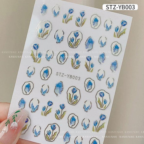 Green Leaf Simple Nail Decal, 3D Rose Daisy Lovely Manicure Decals,  Tropical Leaf Flamingo Sticker Decals,3D Tulip Blue And Pink Flowers Decals For Nail Decor