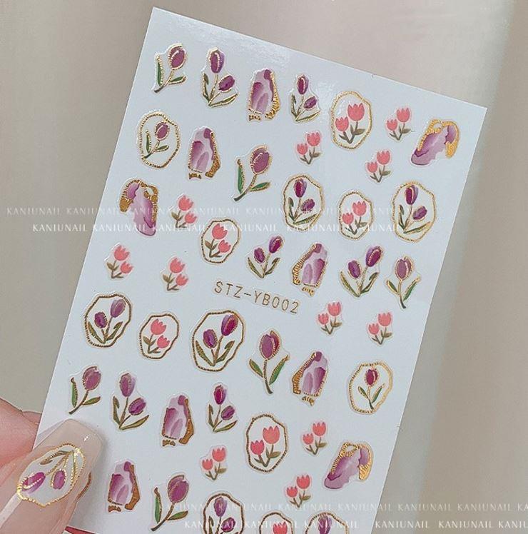 Green Leaf Simple Nail Decal, 3D Rose Daisy Lovely Manicure Decals,  Tropical Leaf Flamingo Sticker Decals,3D Tulip Blue And Pink Flowers Decals For Nail Decor