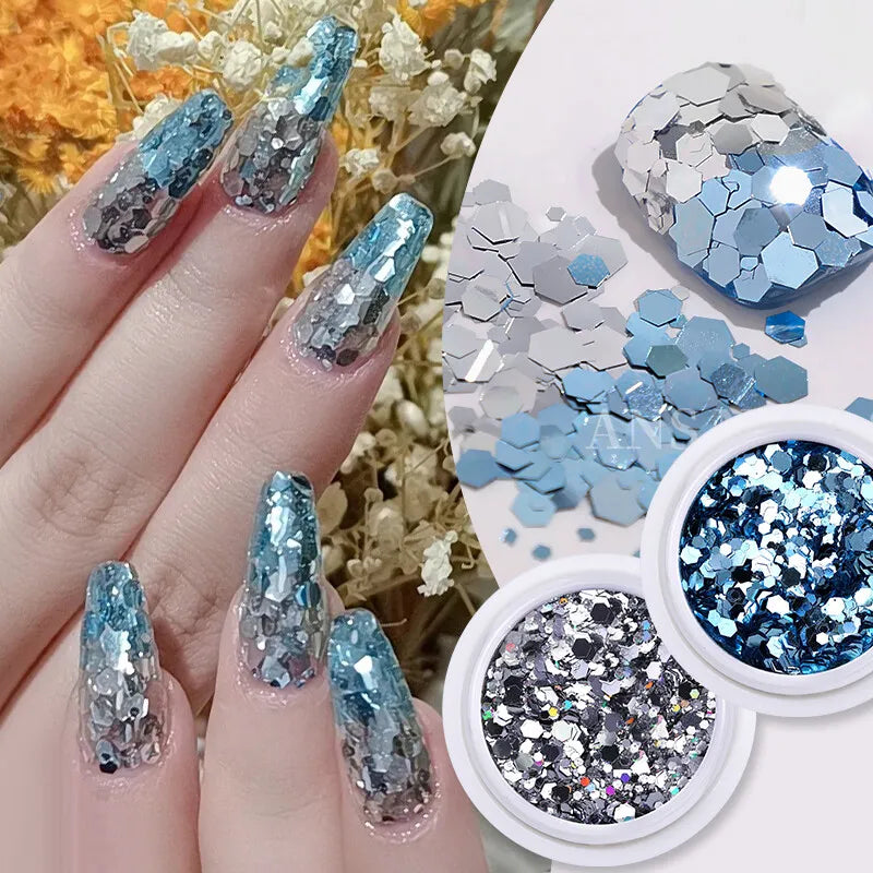 Set of 6 Shining Nail Sequins Mermaid Hexagon shape Holographic Fish Scale Nail Glitter Nail Art Decoration