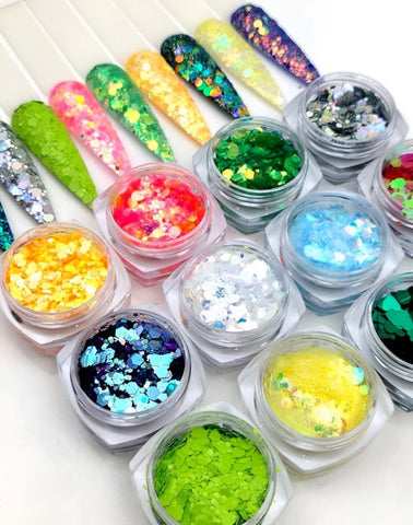 12 Colors Iridescent Bright Neon Chunky Glitter Mix 1set Pink Dust Iridescent Shift Assorted Shape Glitter