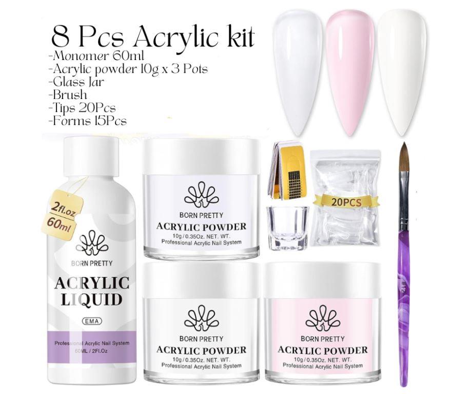 8 PCS Acrylic Kit BORN PRETTY Acrylic Powder And  Monomer Liquid - 10g(1oz) Clear White Pink Acrylic Powder -60ml Liquid ,Jar, brush, tips for Acrylic Nails Extension Manicure Cute Nail Art For Beginners