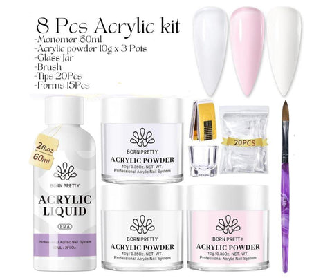 8 PCS Acrylic Kit BORN PRETTY Acrylic Powder And  Monomer Liquid - 10g(1oz) Clear White Pink Acrylic Powder -60ml Liquid ,Jar, brush, tips for Acrylic Nails Extension Manicure Cute Nail Art For Beginners