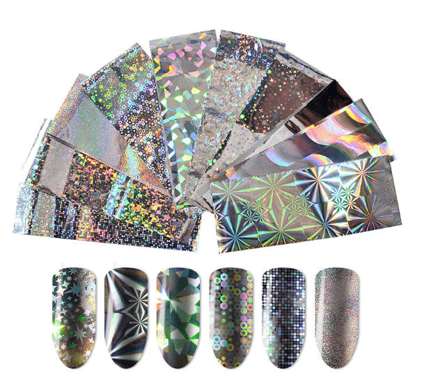 10Pcs Laser Starry Holographic Silver Foil Nail Art Transfer Adhesive Shining Slider Decals Sticker