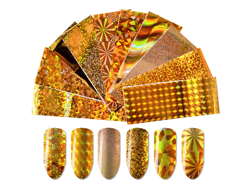 10Pcs Laser Starry Holographic Gold Foil Papers Transfer Nail Foil Stickers Slider Metallic Nails Decals for Manicure