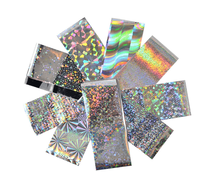 10Pcs Laser Starry Holographic Silver Foil Nail Art Transfer Adhesive Shining Slider Decals Sticker